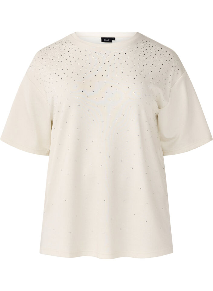 T-shirt avec strass et col rond, Blanc, Packshot image number 0