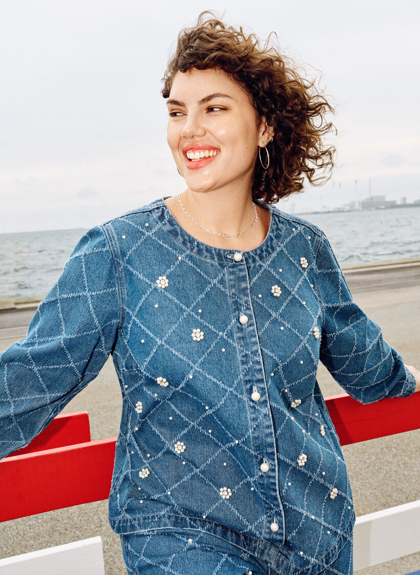 Chemise en jean avec effet destroy et d&eacute;tails nacr&eacute;s, Bleu Clair, Image image number 0