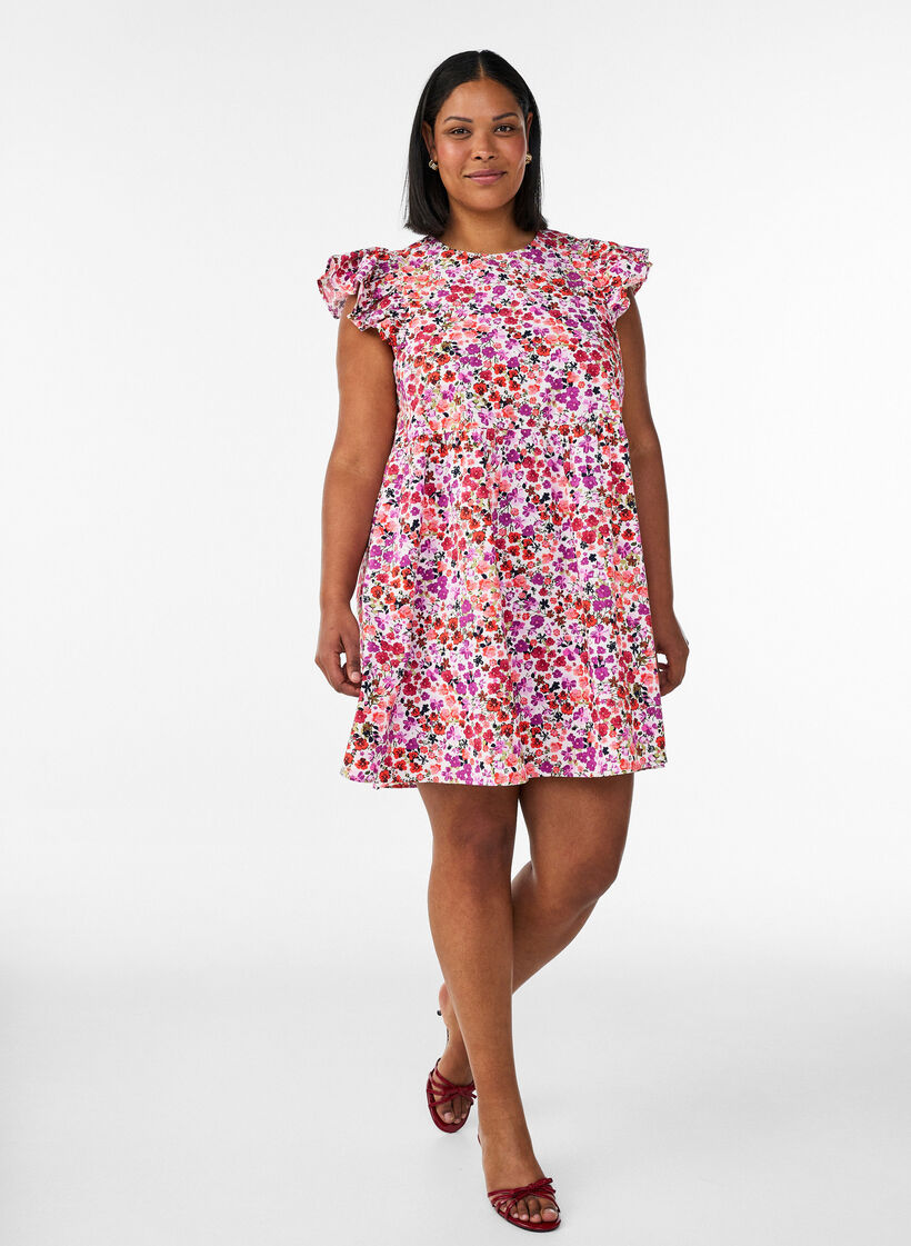 Robe fleurie en coton avec volants et col en V, Rose, Model image number 1