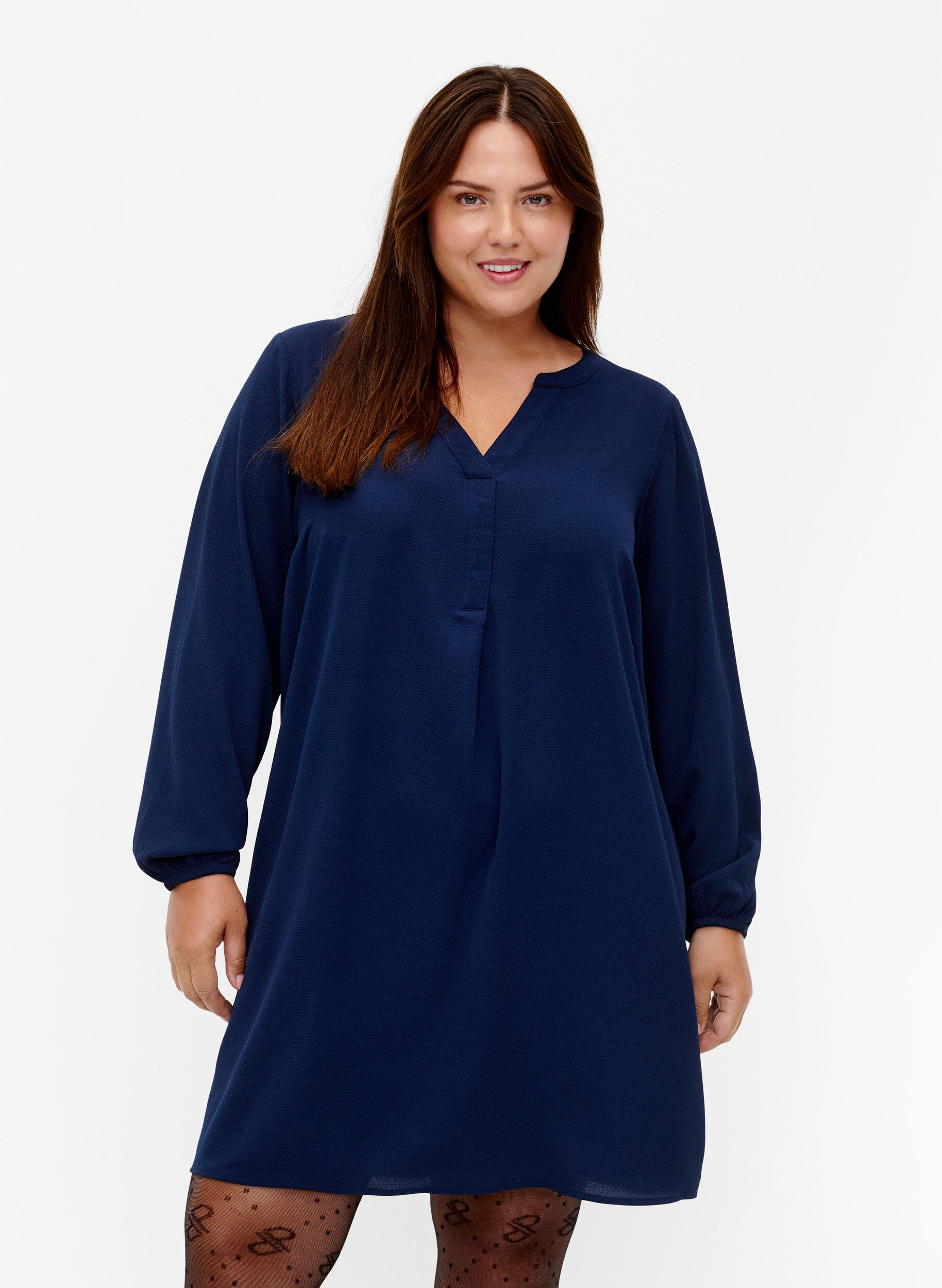 Zizzi Robe &agrave; manches longues et encolure en V, Navy, Model image number 0