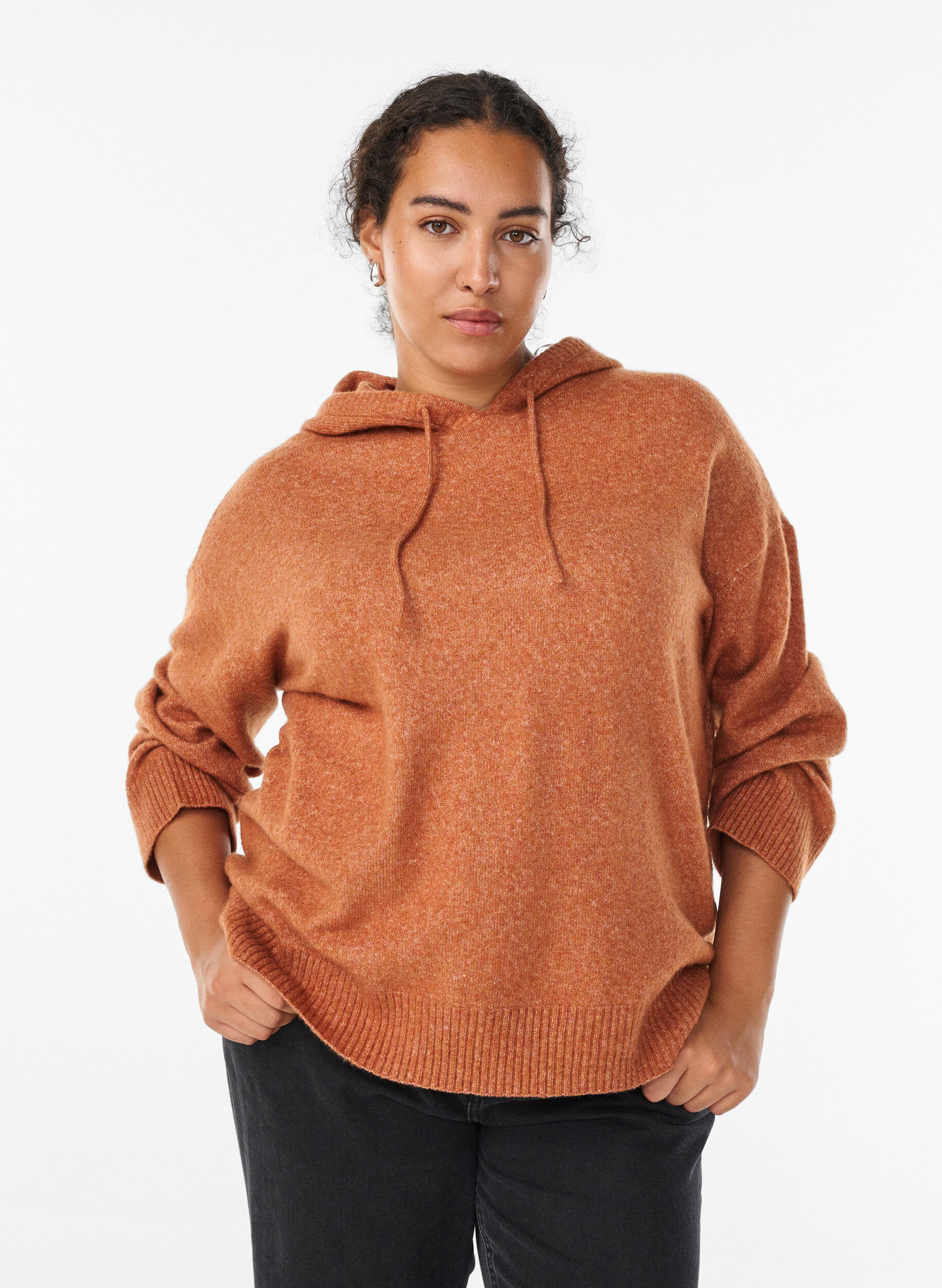 Sweat &agrave; capuche en maille, Orange fonc&eacute;, Model