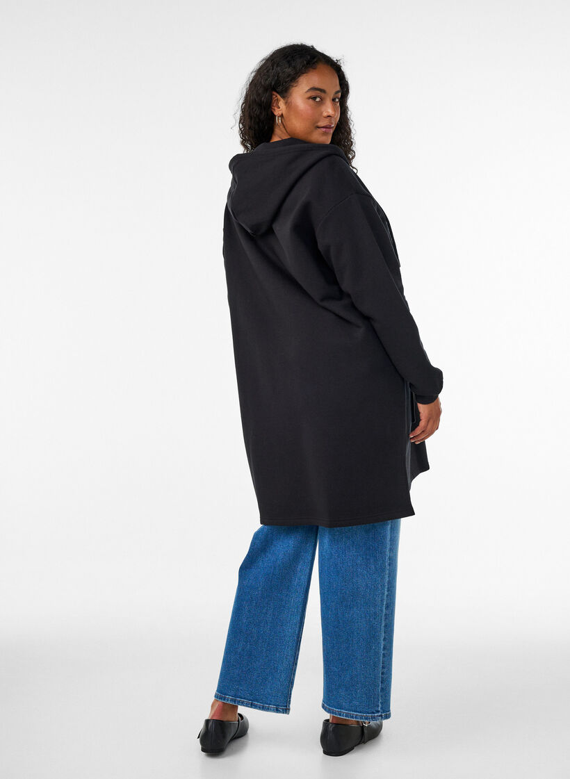 Cardigan long &agrave; capuche avec fermeture &eacute;clair, Noir, Model image number 2