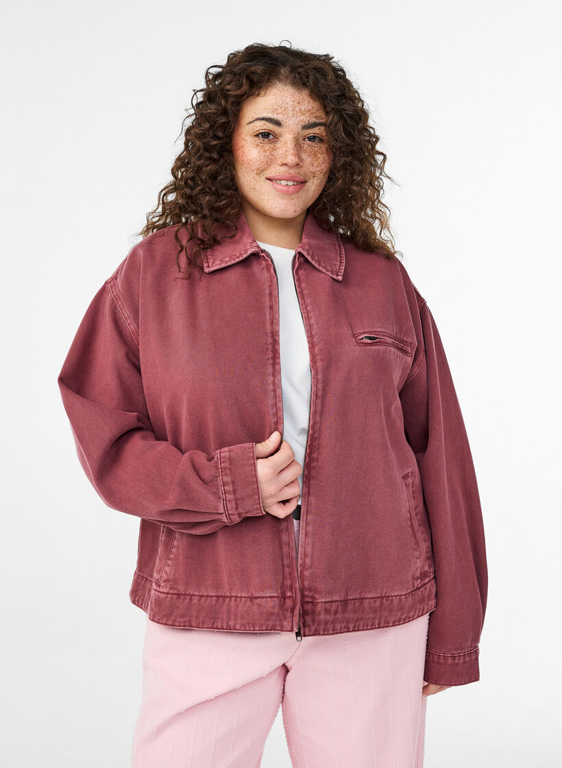 Veste en denim color&eacute; avec fermeture zipp&eacute;e, Rose poudr&eacute;e, Model image number 0
