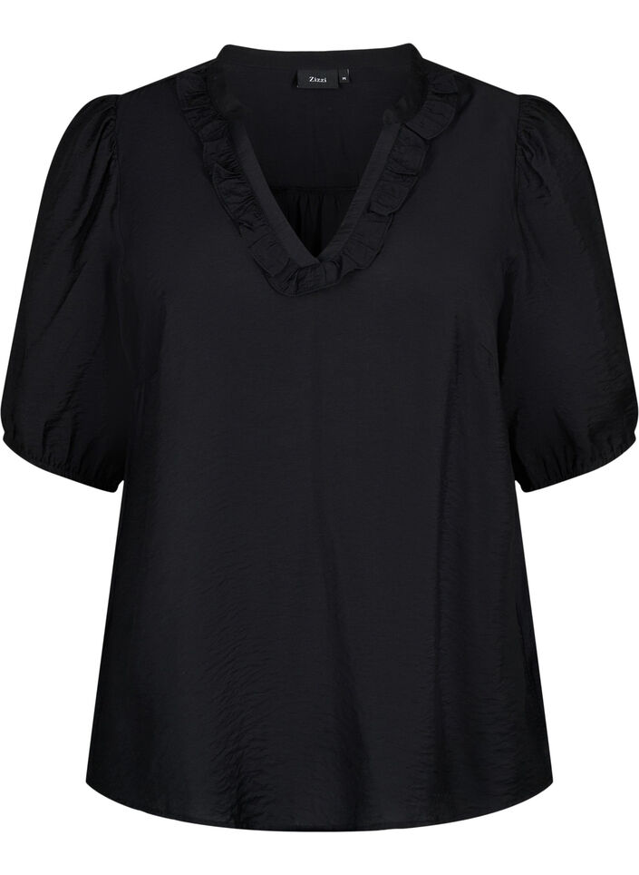 Blouse en viscose à manches bouffantes et volants, Black, Packshot image number 0