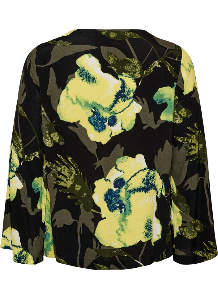 Blouse &agrave; fleurs avec col bateau et manches larges, Noir, Packshot image number 1