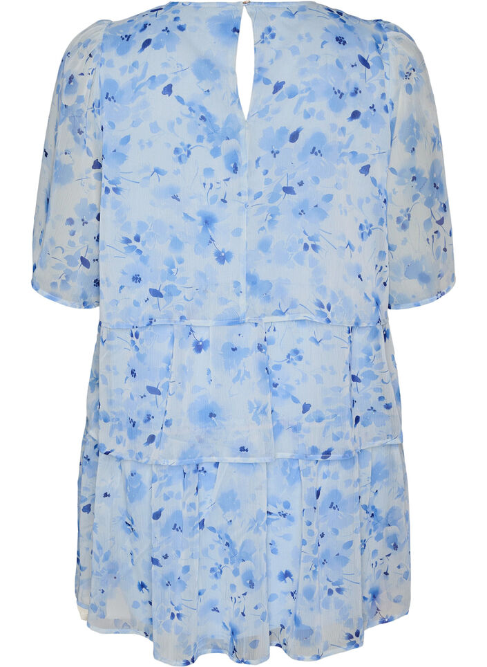 Robe courte effet mousseline &agrave; imprim&eacute; floral et volants &eacute;tag&eacute;s, Bleu, Packshot image number 1