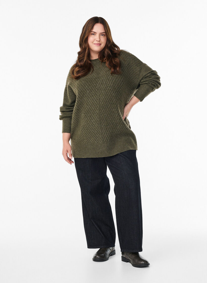 Blouse en maille avec motif c&ocirc;tel&eacute; en V et fentes, Vert Kaki, Model image number 1