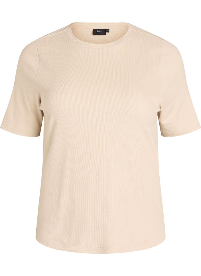 T-shirt basic c&ocirc;tel&eacute; avec col rond, Beige, Packshot image number 0