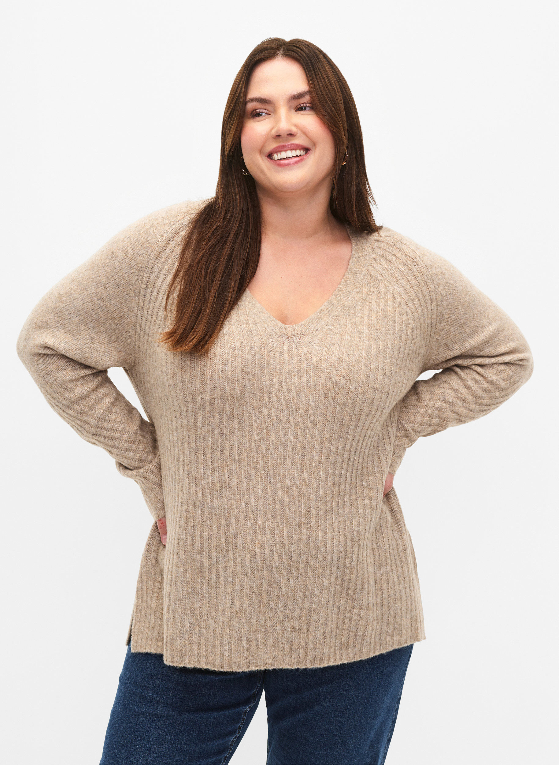 Zizzi Pull en tricot avec fente, Simply Taupe Mel., Model image number 0