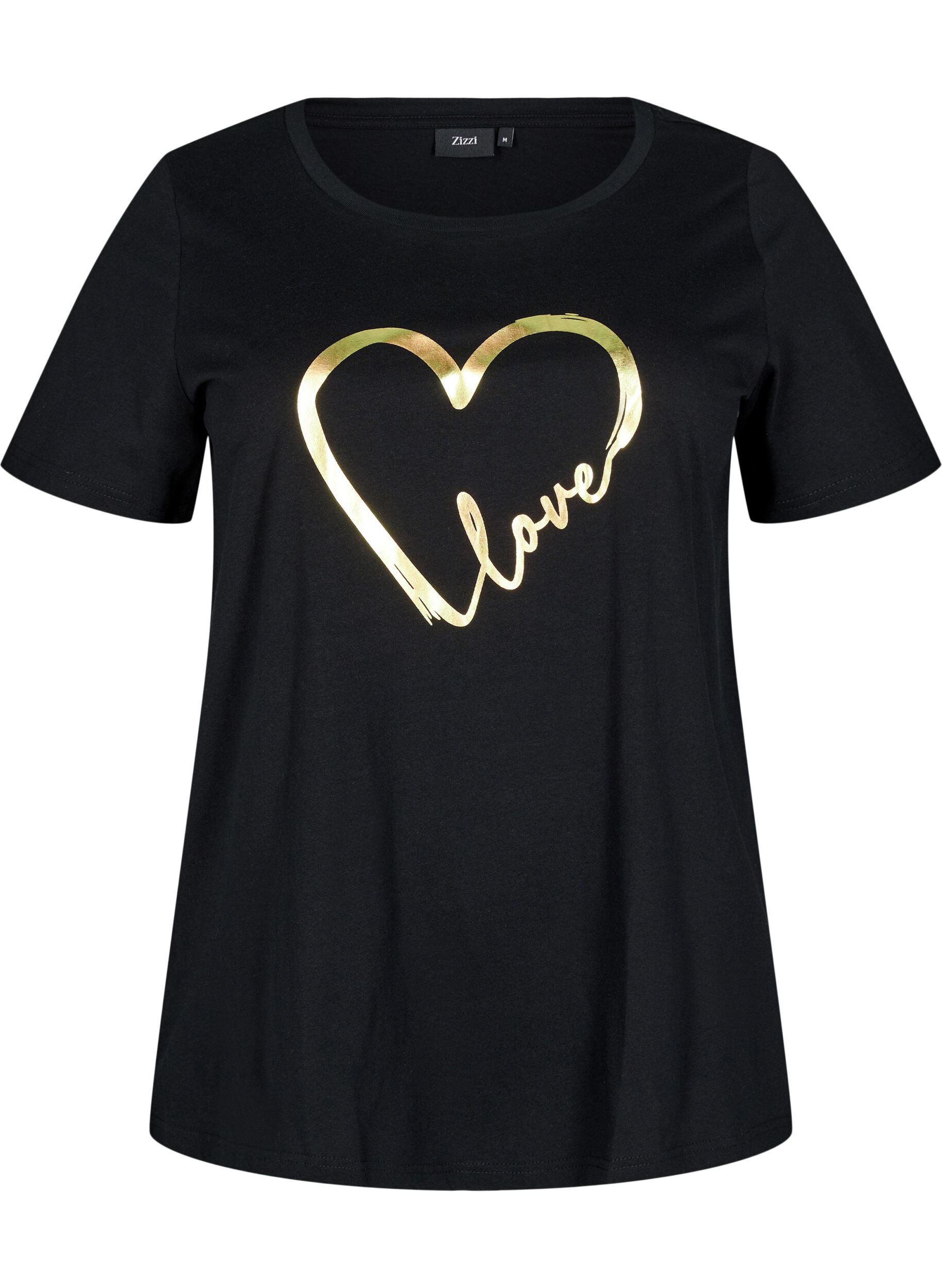 Zizzi T-shirt en coton avec motif, Black w. Gold Love, Packshot image number 0