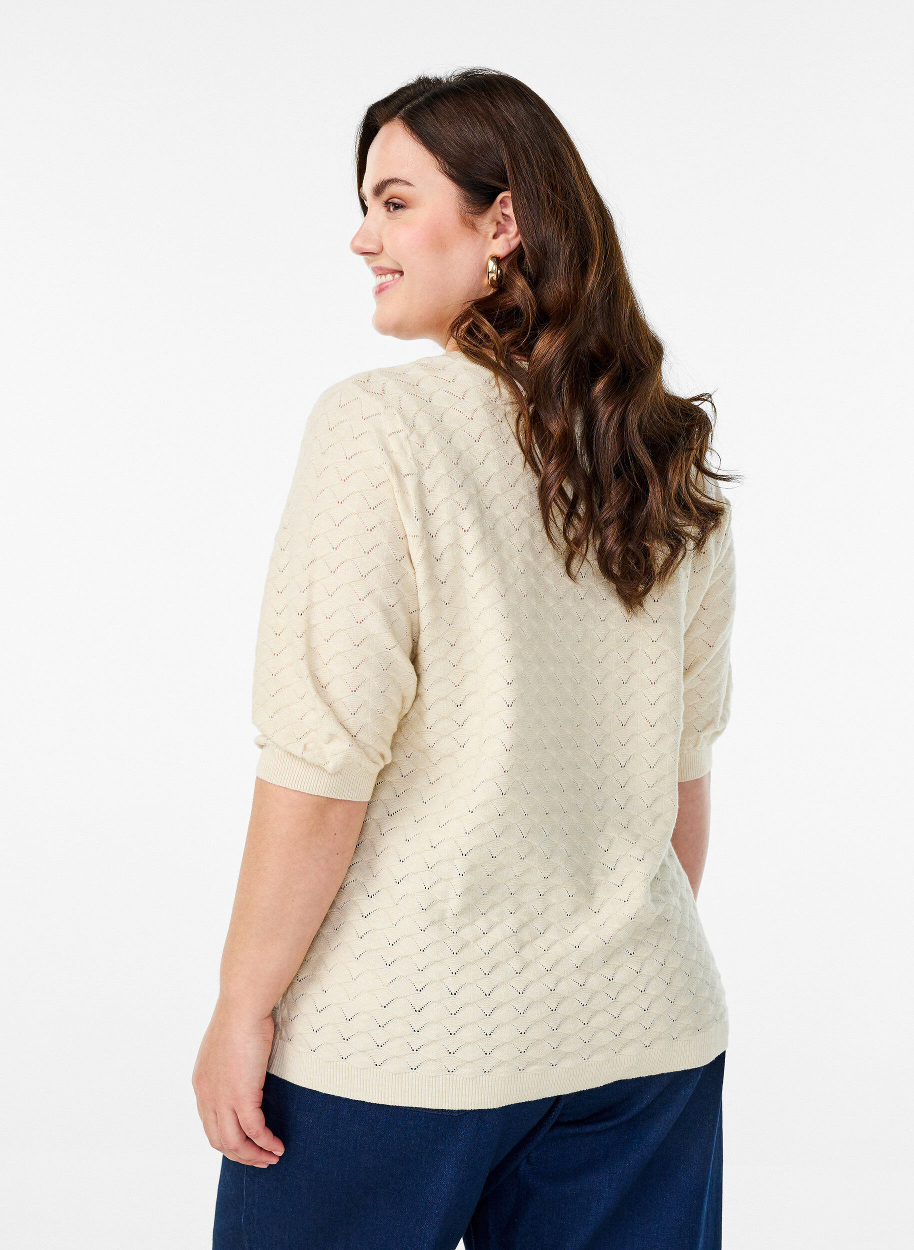 Zizzi Chemisier en tricot avec motif ajour&eacute; et manches courtes, Birch Mel., Model image number 1