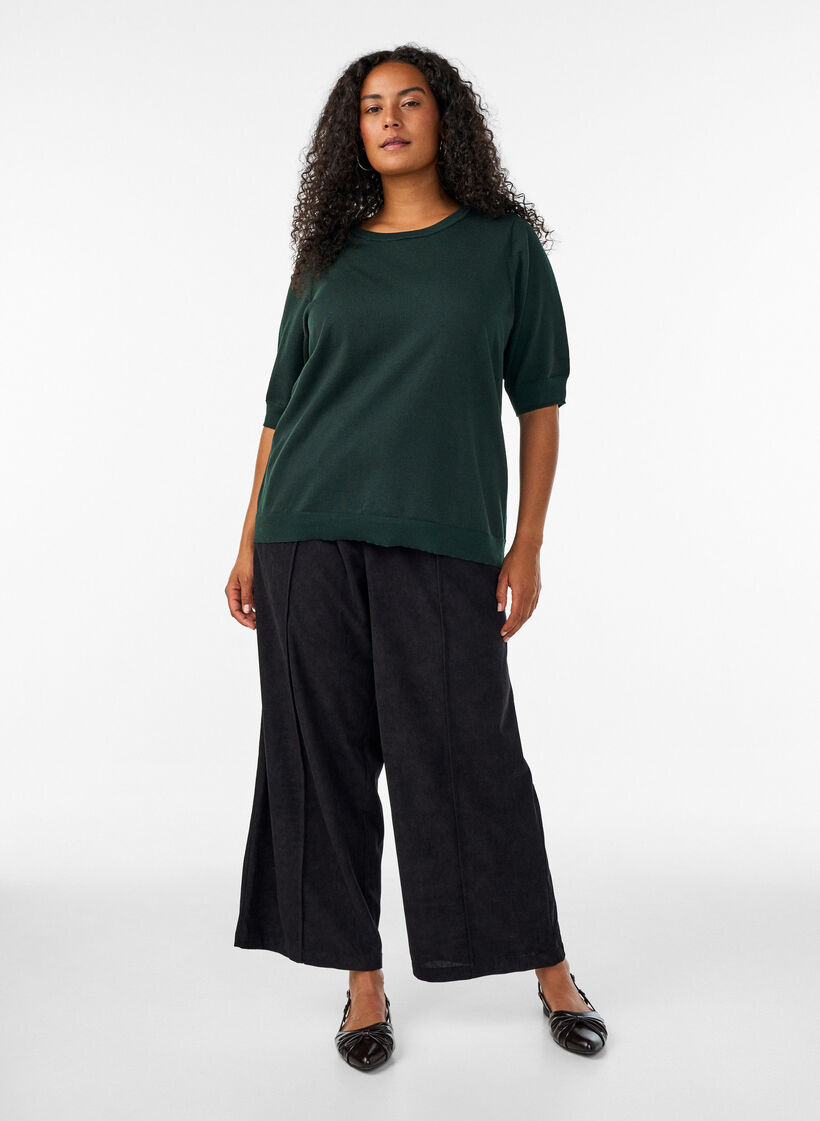Blouse en fine maille &agrave; manches courtes, Vert fonc&eacute;, Model image number 1
