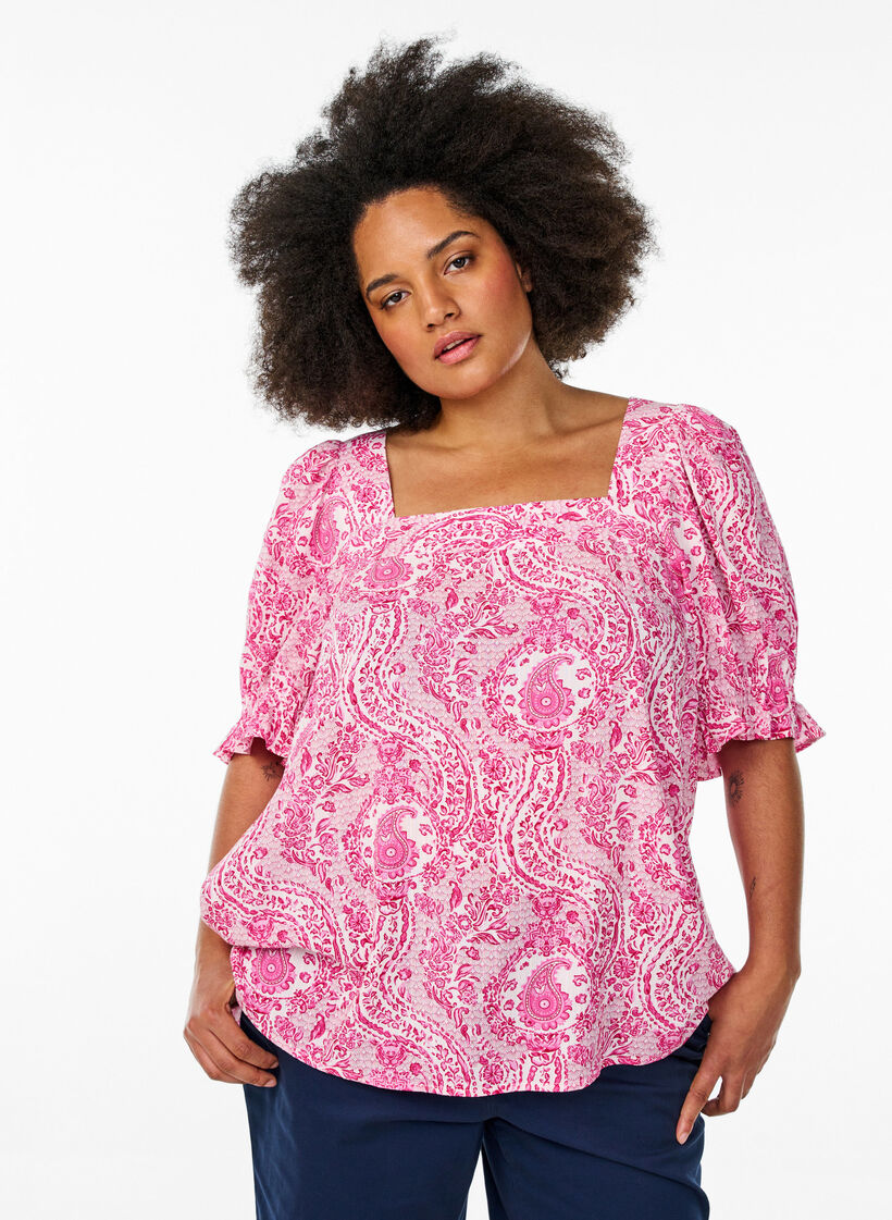Chemisier en viscose avec imprim&eacute; paisley et encolure carr&eacute;e, Rose, Model image number 0