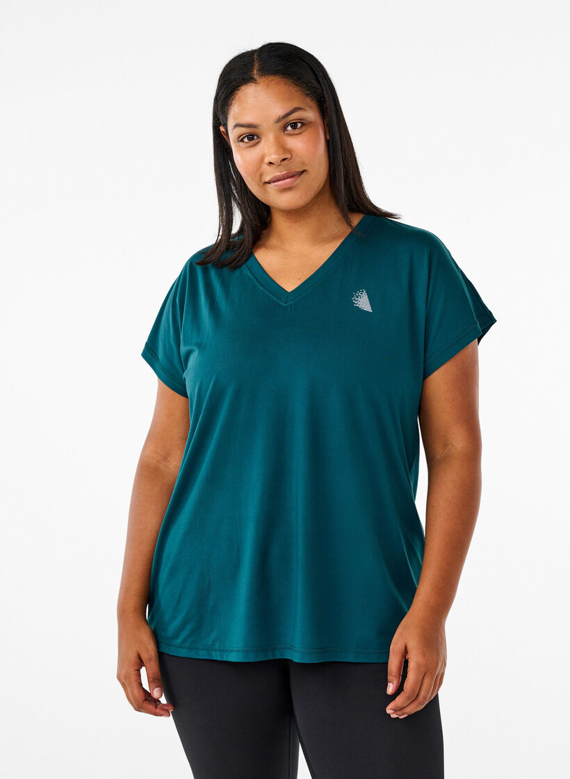 T-shirt de sport ample avec col en V, Vert fonc&eacute;, Model image number 0
