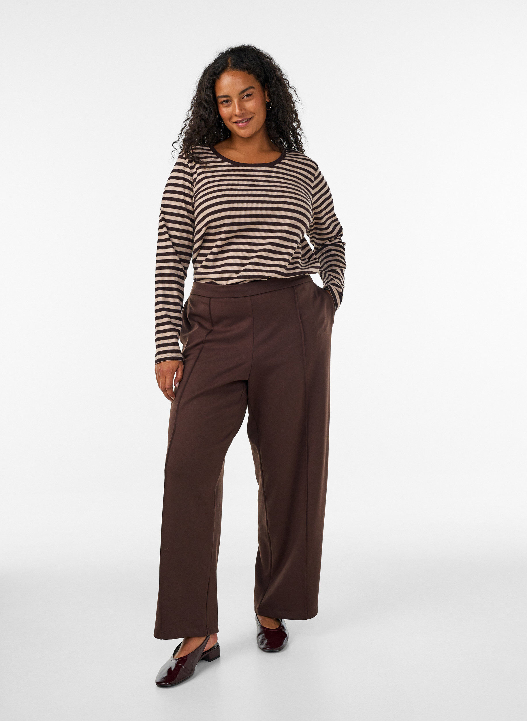 ZizziPantalon ample en jersey taille haute, Marron, Model image number 0