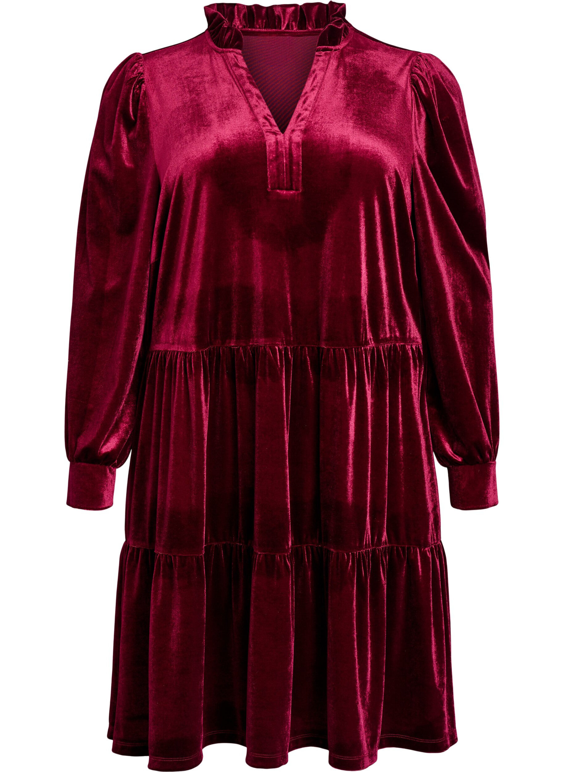 Robe courte en velours avec un col &agrave; volants et des manches longues
