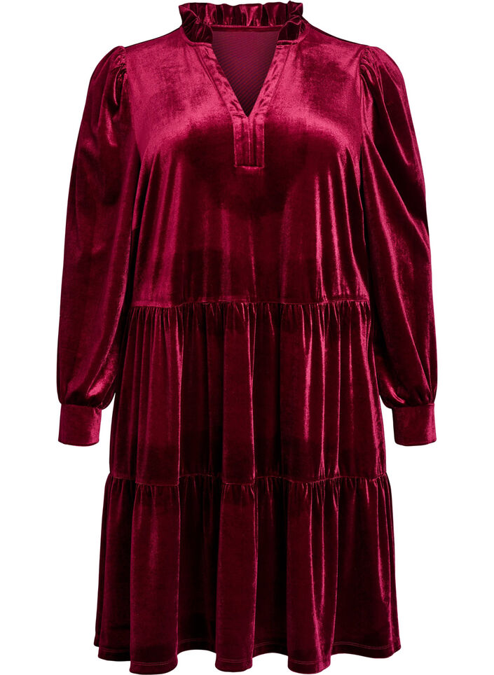 Robe courte en velours avec un col &agrave; volants et des manches longues, Rouge, Packshot image number 0