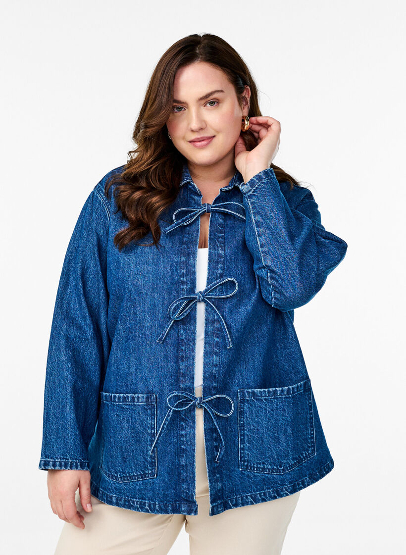 Veste en jean avec nœud de fermeture et poches, Blue Denim, Model image number 0