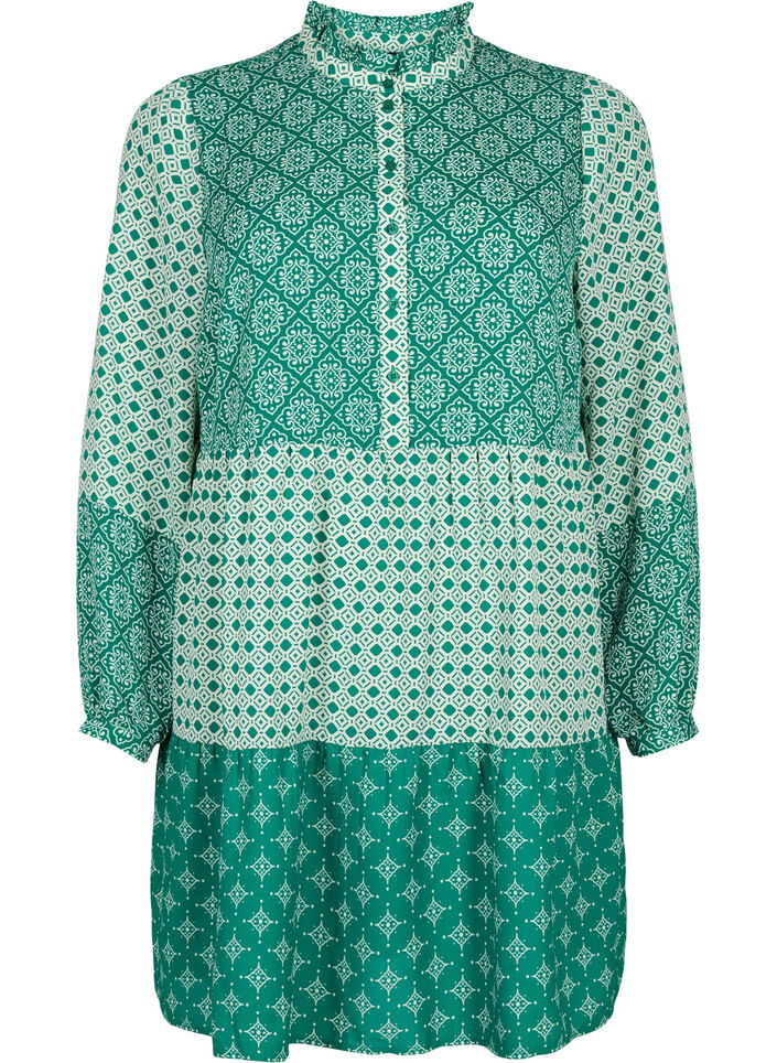 Robe trapèze avec motifs et lignes de coupe, Green AOP, Packshot image number 0