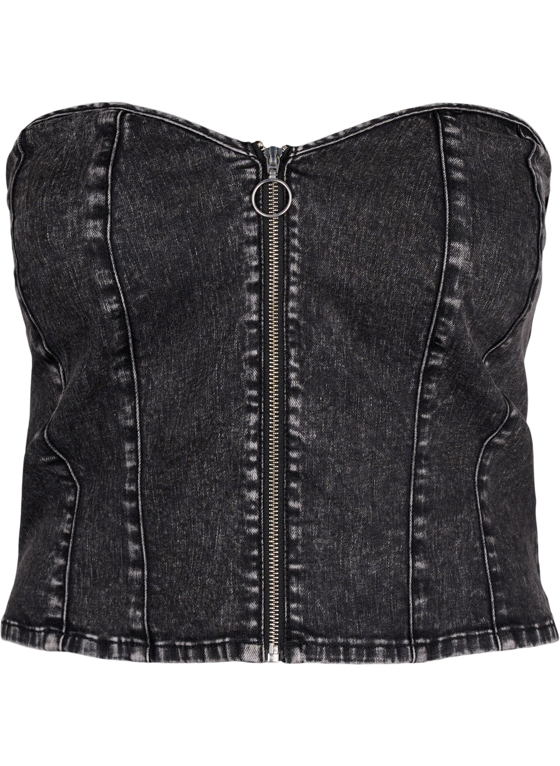 Zizzi Top corset en denim avec fermeture &eacute;clair, Black, Packshot image number 0