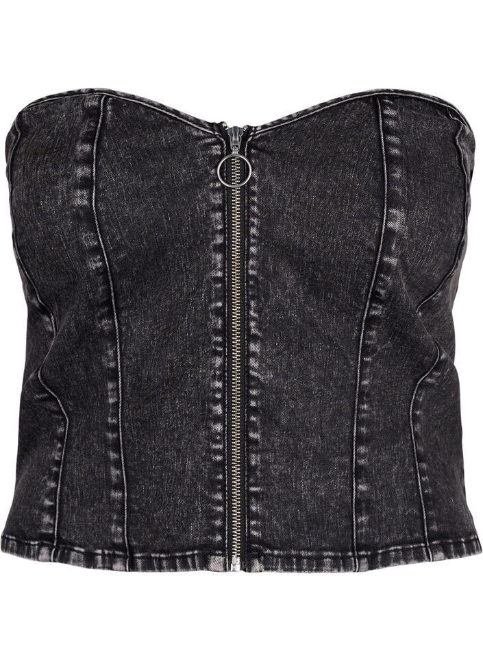 Top corset en denim avec fermeture éclair, Black, Packshot image number 0