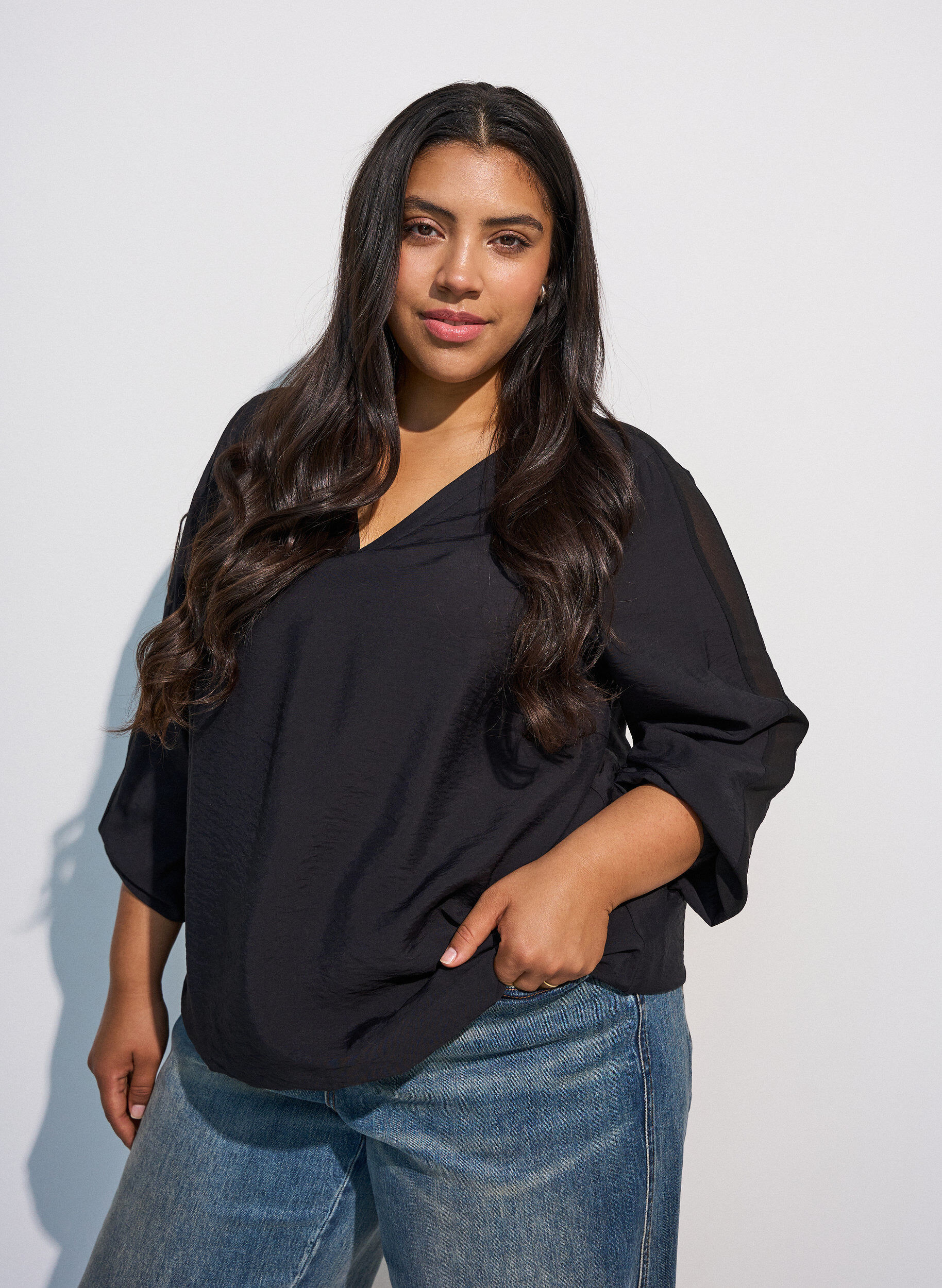 ZizziBlouse avec effet ballon et d&eacute;tails en mousseline, Noir, Model image number 0
