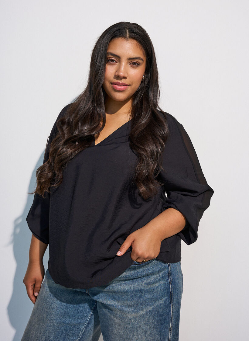 Blouse avec effet ballon et d&eacute;tails en mousseline, Noir, Model image number 0