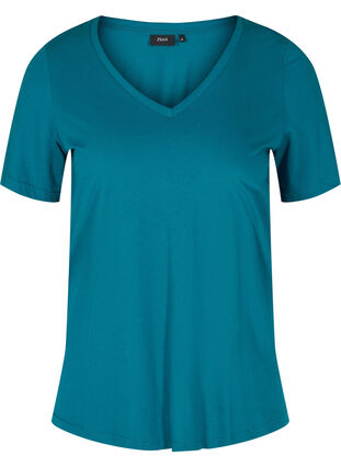 T-shirt en coton bio à col V, Maroccan Blue, Packshot image number 0