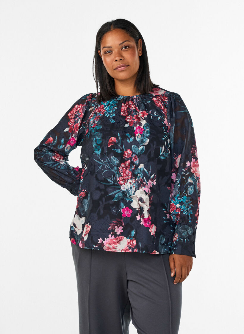Blouse fleurie &agrave; la texture tiss&eacute;e, Noir, Model image number 0