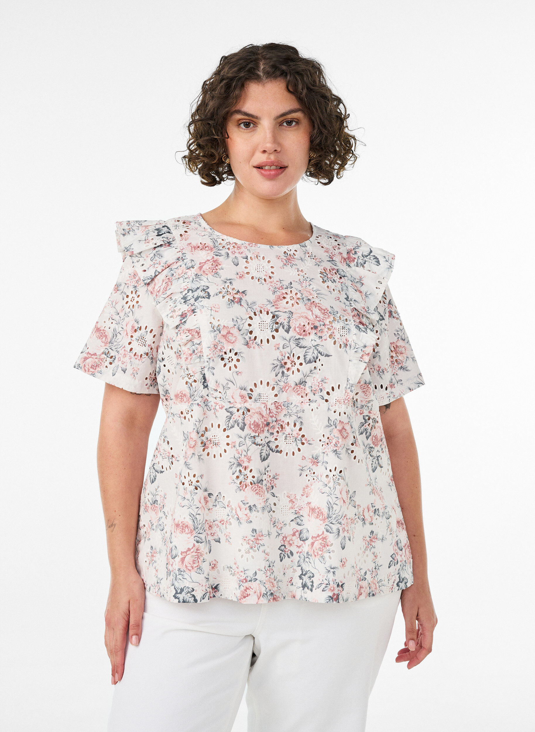 ZizziBlouse en coton avec broderie anglaise et volants, Rose poudr&eacute;e, Model image number 0