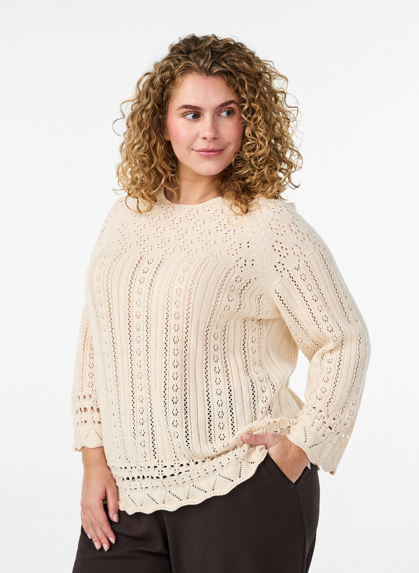 Top en maille avec broderie eyelet et manches 3/4, Beige, Model image number 0