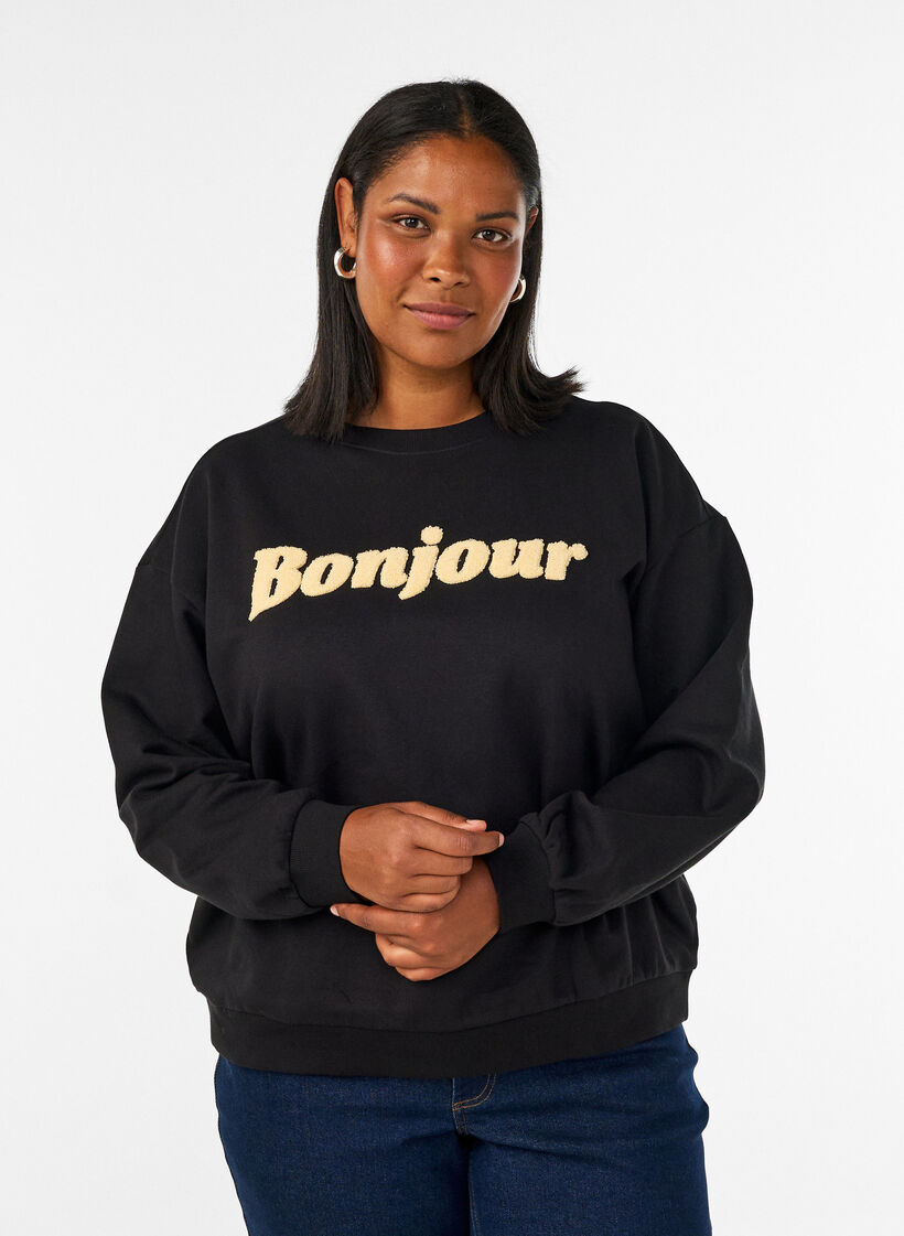 Sweat-shirt avec inscription en boucl&eacute;, Noir, Model image number 0