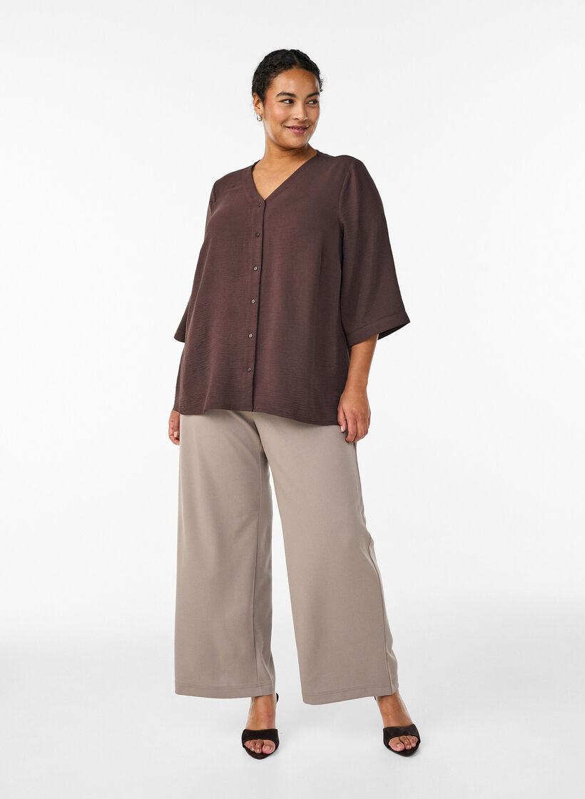 Shirt blouse with V-neck and 3/4 sleeves, Brown, Model image number 1