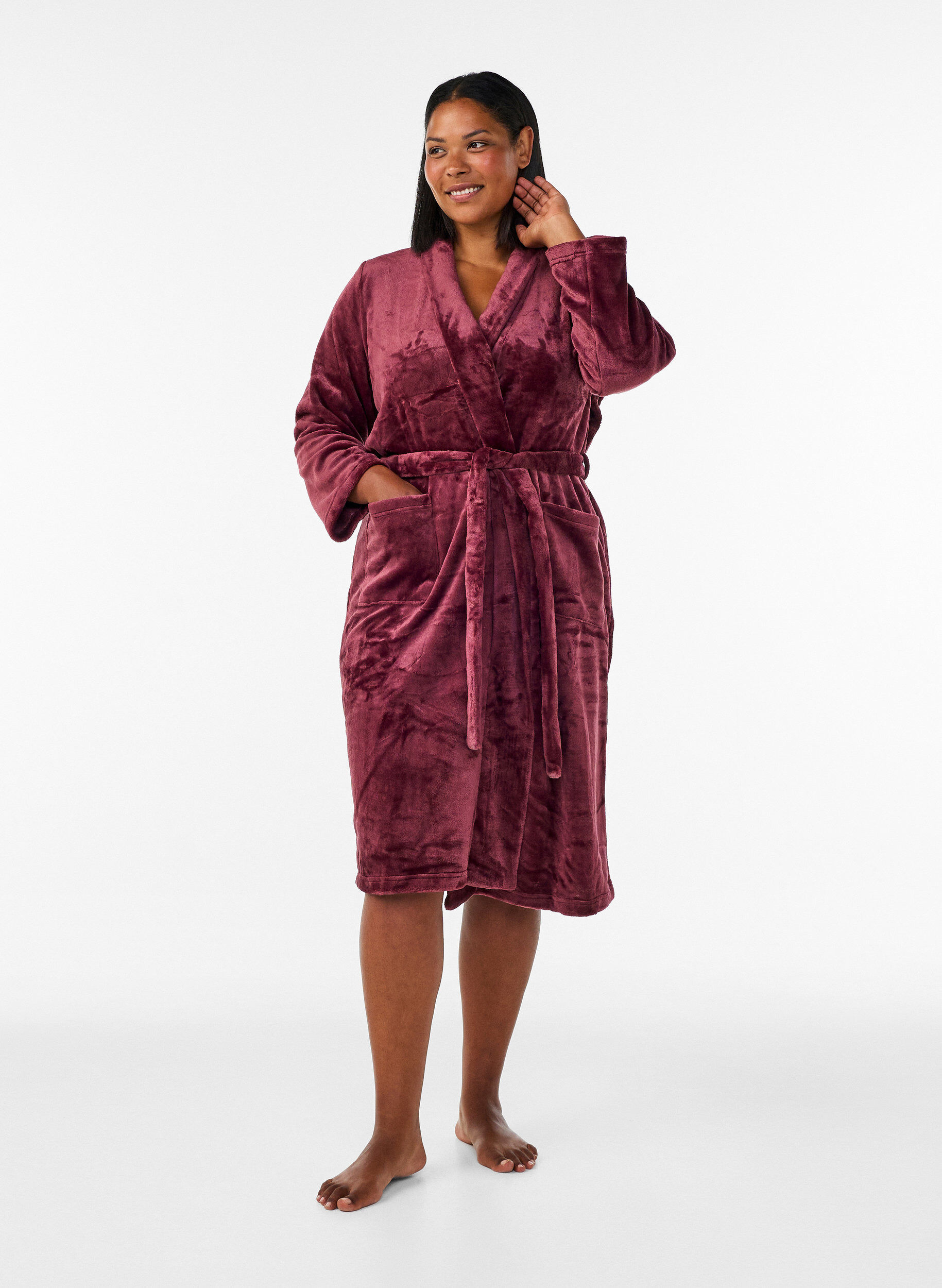 ZizziPeignoir en velours doux avec poches, Bordeaux, Model image number 0