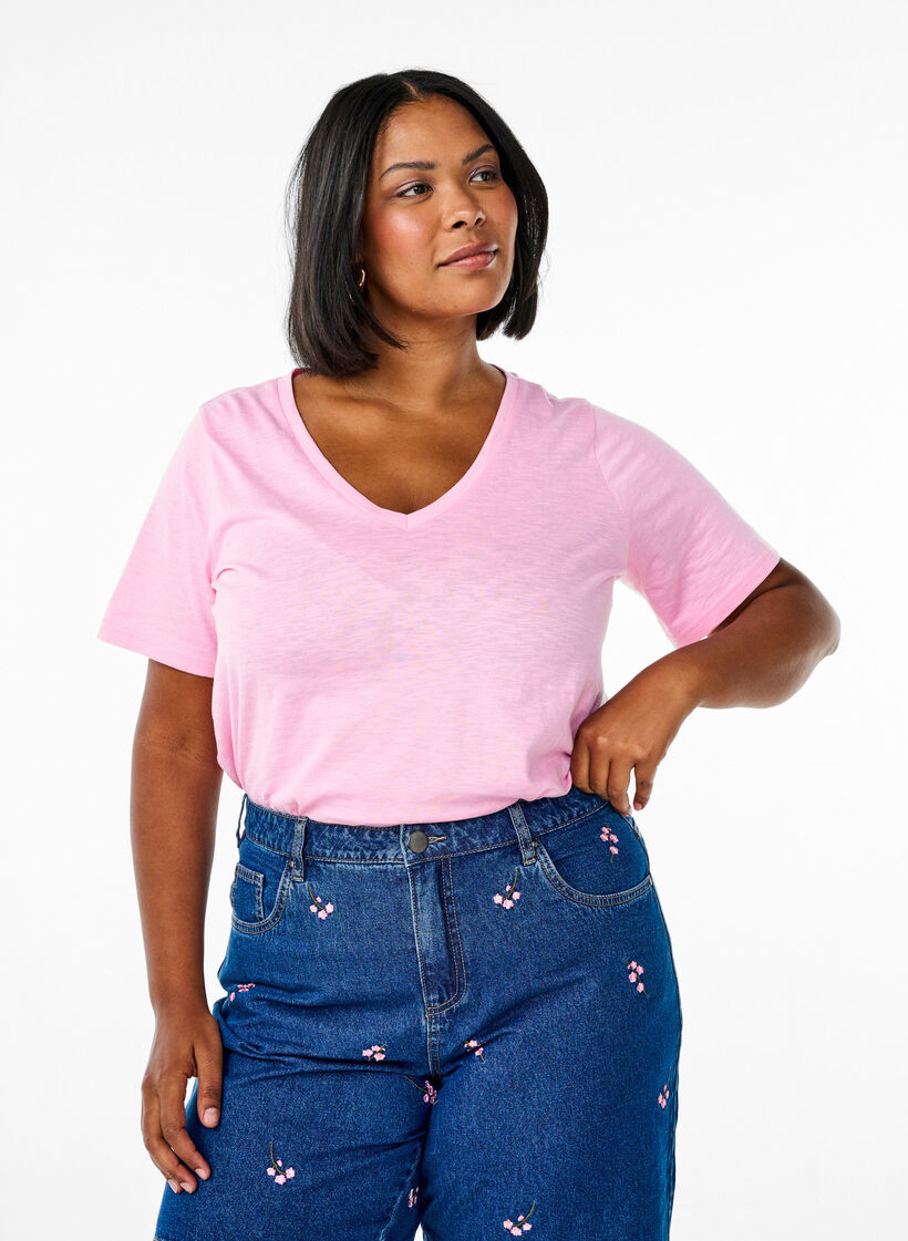 T-shirt basique &agrave; manches courtes avec col en V, Rose, Model image number 0