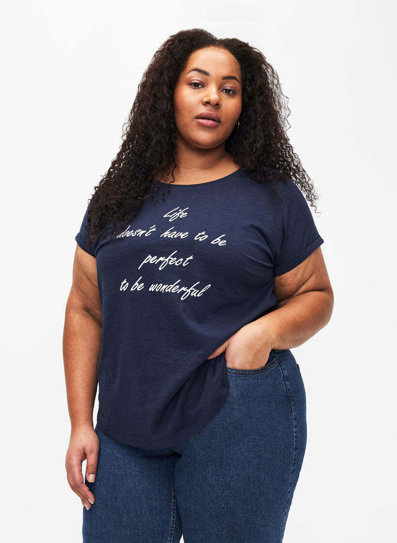 T-shirt imprimé en coton biologique, N.Sky w. White Print, Model image number 0