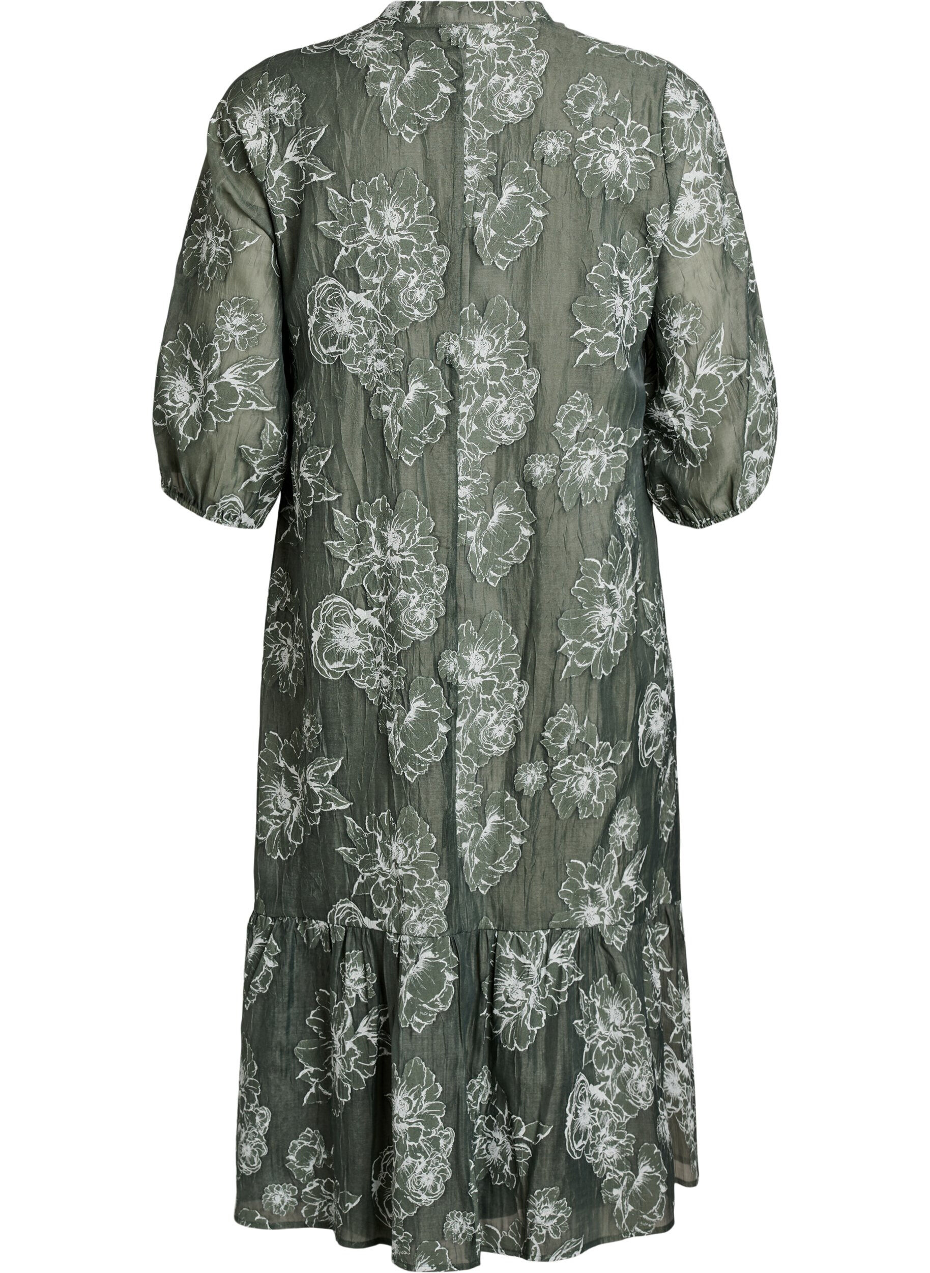 Zizzi Robe midi &agrave; imprim&eacute; floral et manches 3/4 transparentes, Vert, Packshot image number 1