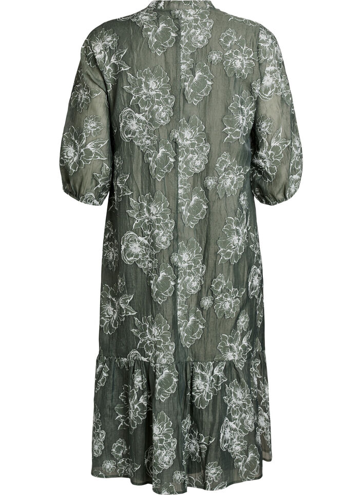Robe midi &agrave; imprim&eacute; floral et manches 3/4 transparentes, Vert, Packshot