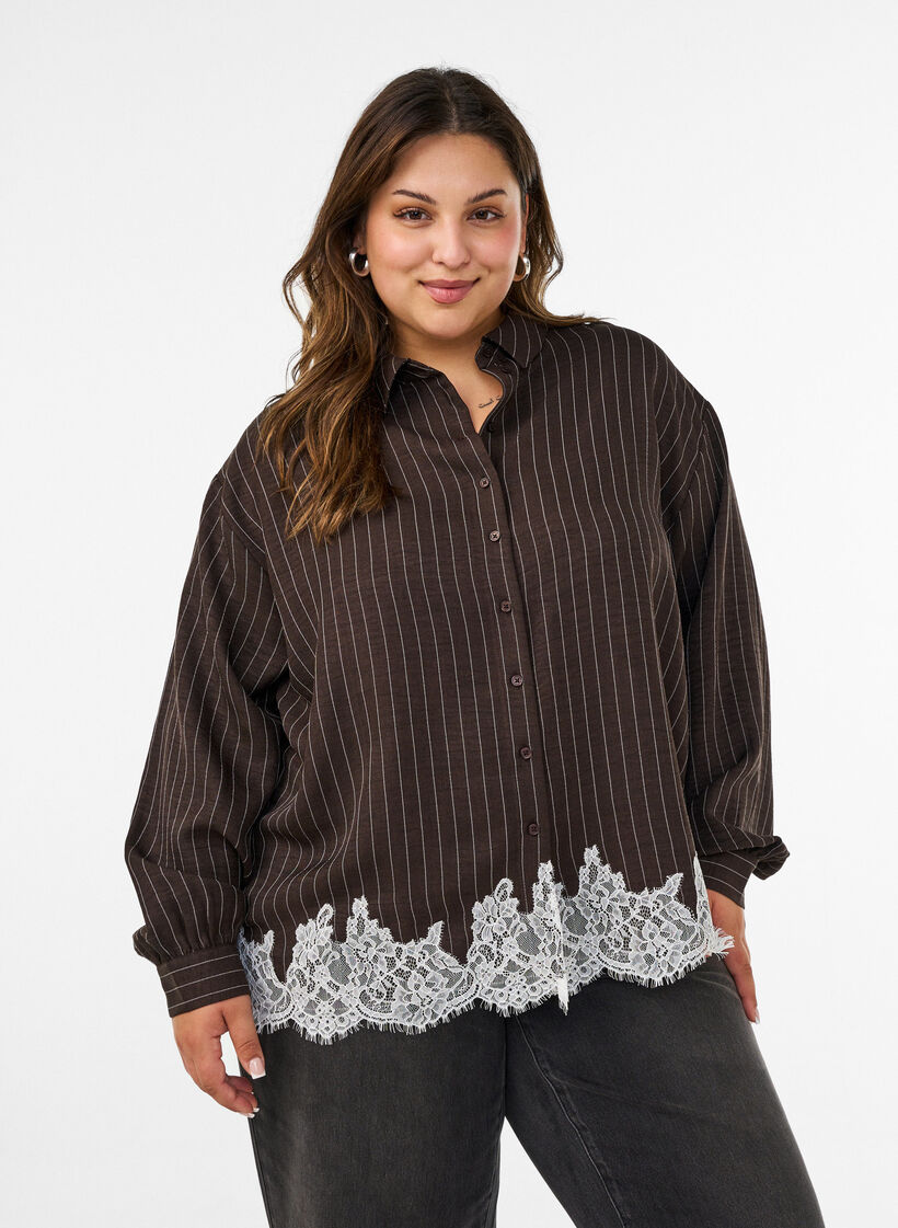 Chemise &agrave; fines rayures avec finitions en dentelle, Marron, Model image number 0