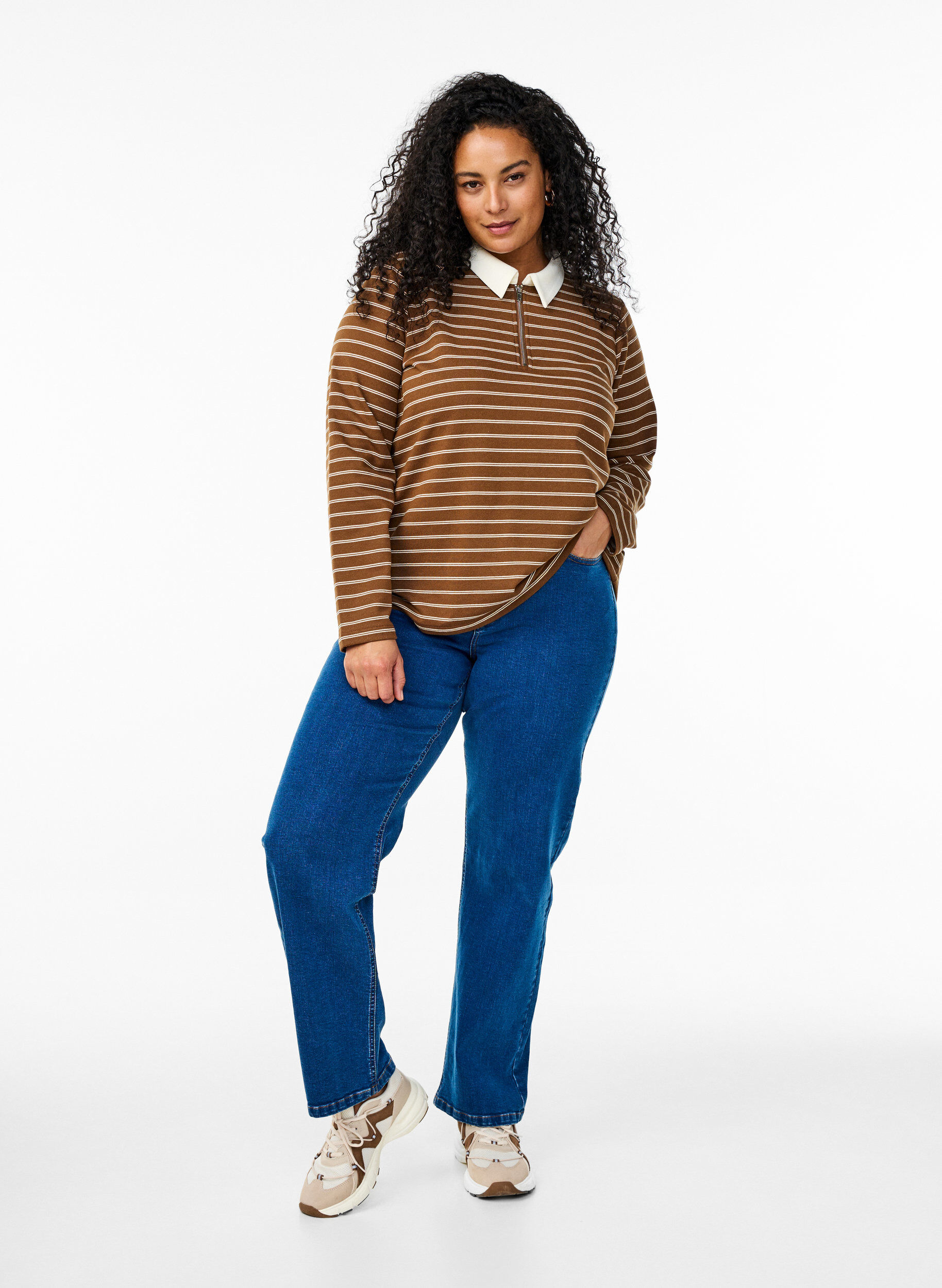 Zizzi Polo ray&eacute; avec fermeture &eacute;clair, Marron, Model image number 1