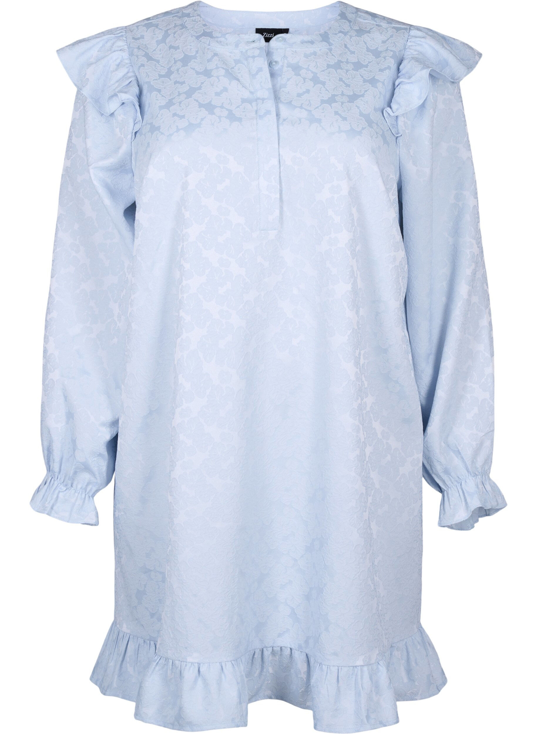 Zizzi Robe en jacquard avec des manches longues et des d&eacute;tails &agrave; volants, Bleu Clair, Packshot image number 0