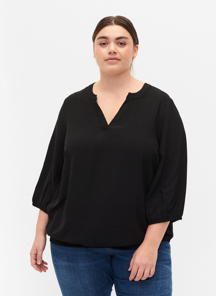 Blouse à smocks et manches 3/4, Black, Model image number 0