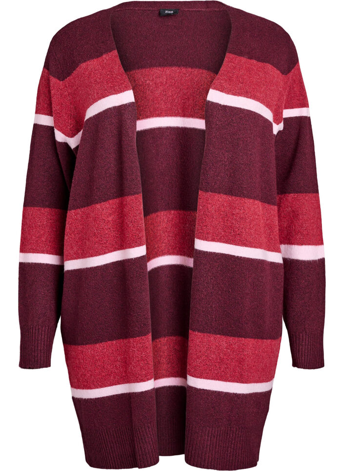 Cardigan long en tricot avec rayures larges, Bordeaux foncé, Packshot image number 0