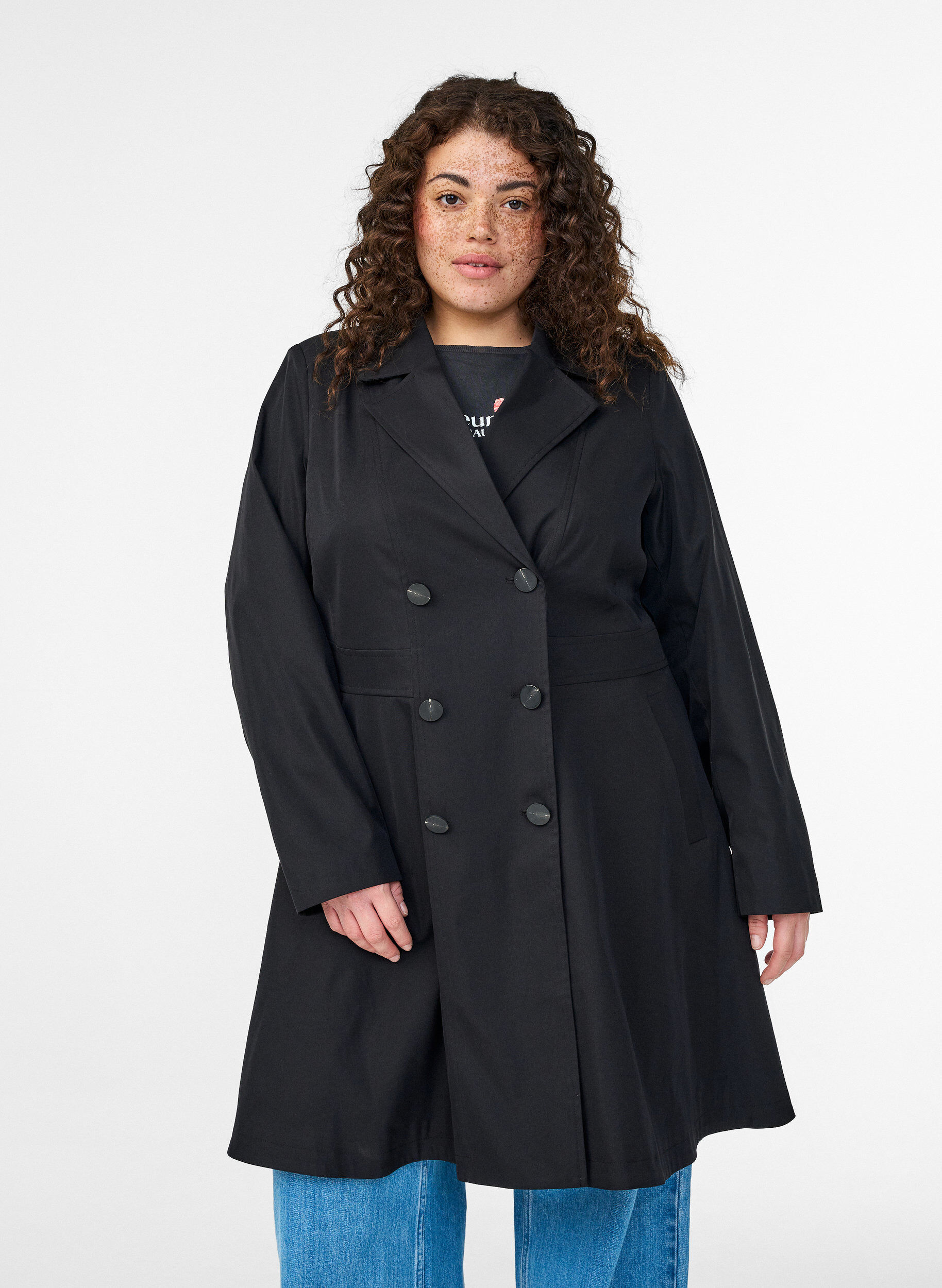 Manteau de printemps coupe &eacute;vas&eacute;e &agrave; double boutonnage, Noir, Model