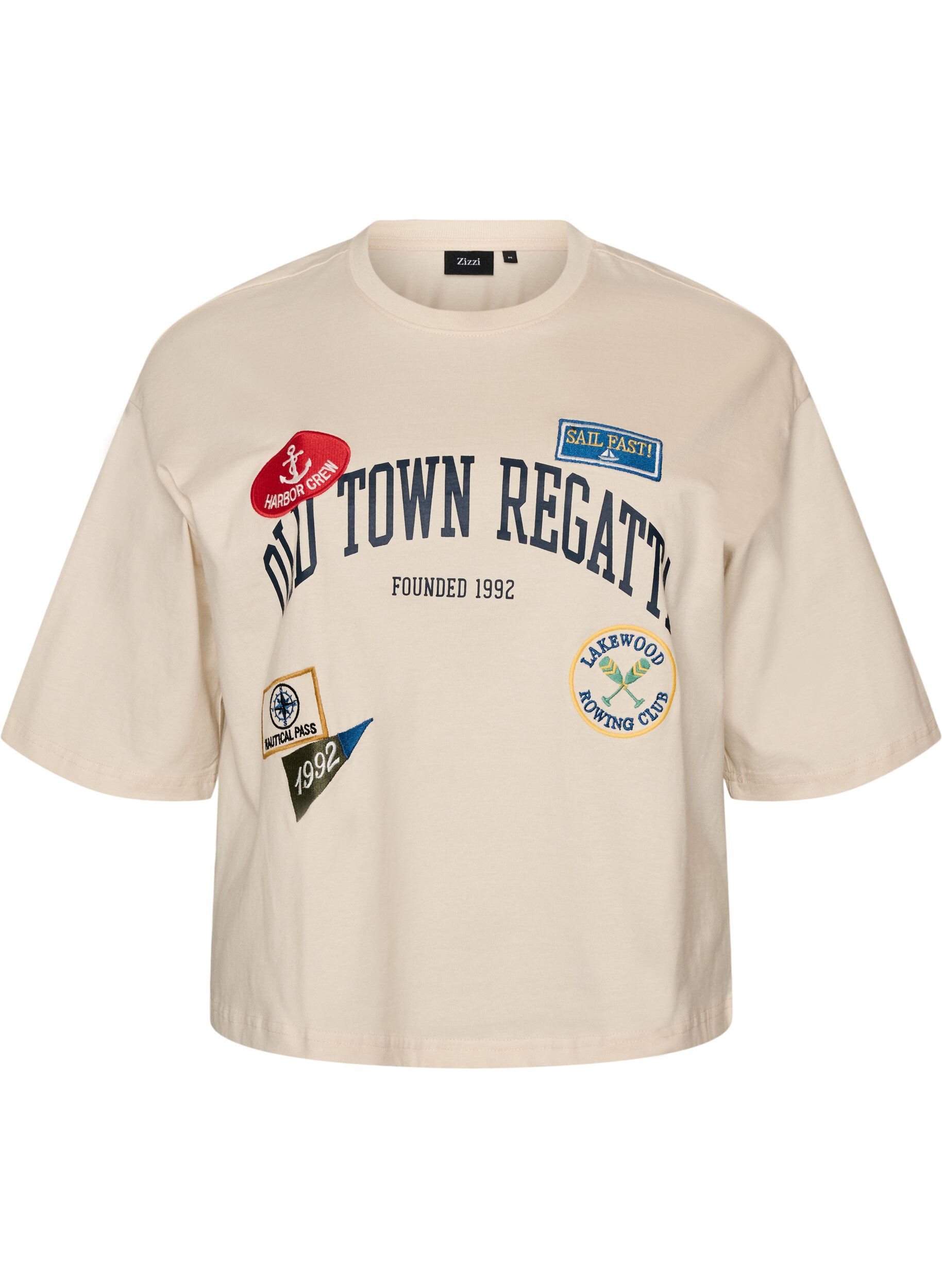 ZizziT-shirt avec texte imprim&eacute; et badges, Beige, Packshot image number 0