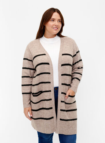 Cardigan en tricot à rayures, Simply Taupe Mel., Model image number 0