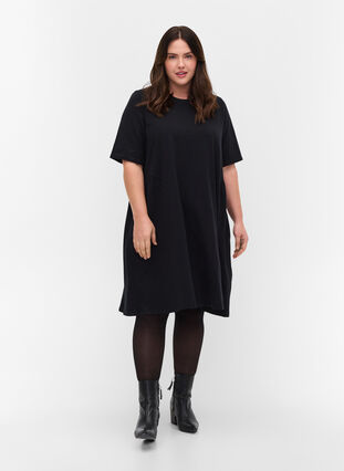Robe en coton à manches courtes avec plis, Black, Model image number 2