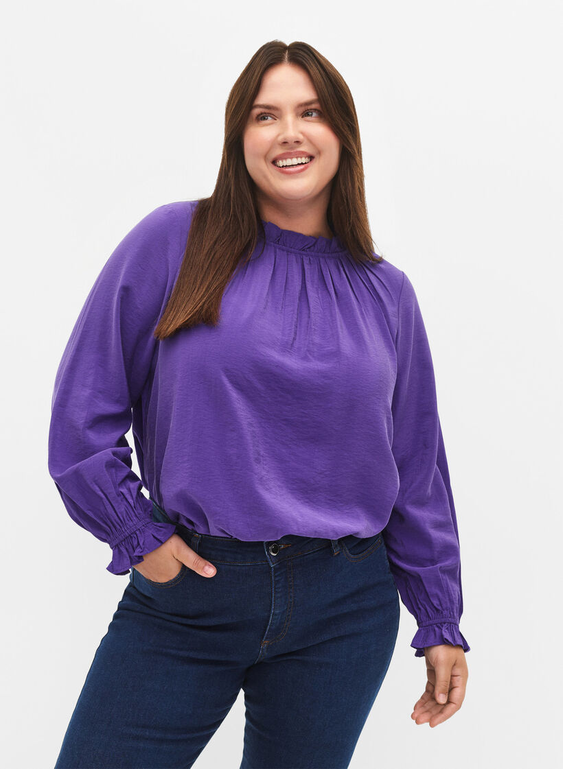  Blouse en viscose à manches longues avec volants, Prism Violet, Model image number 0