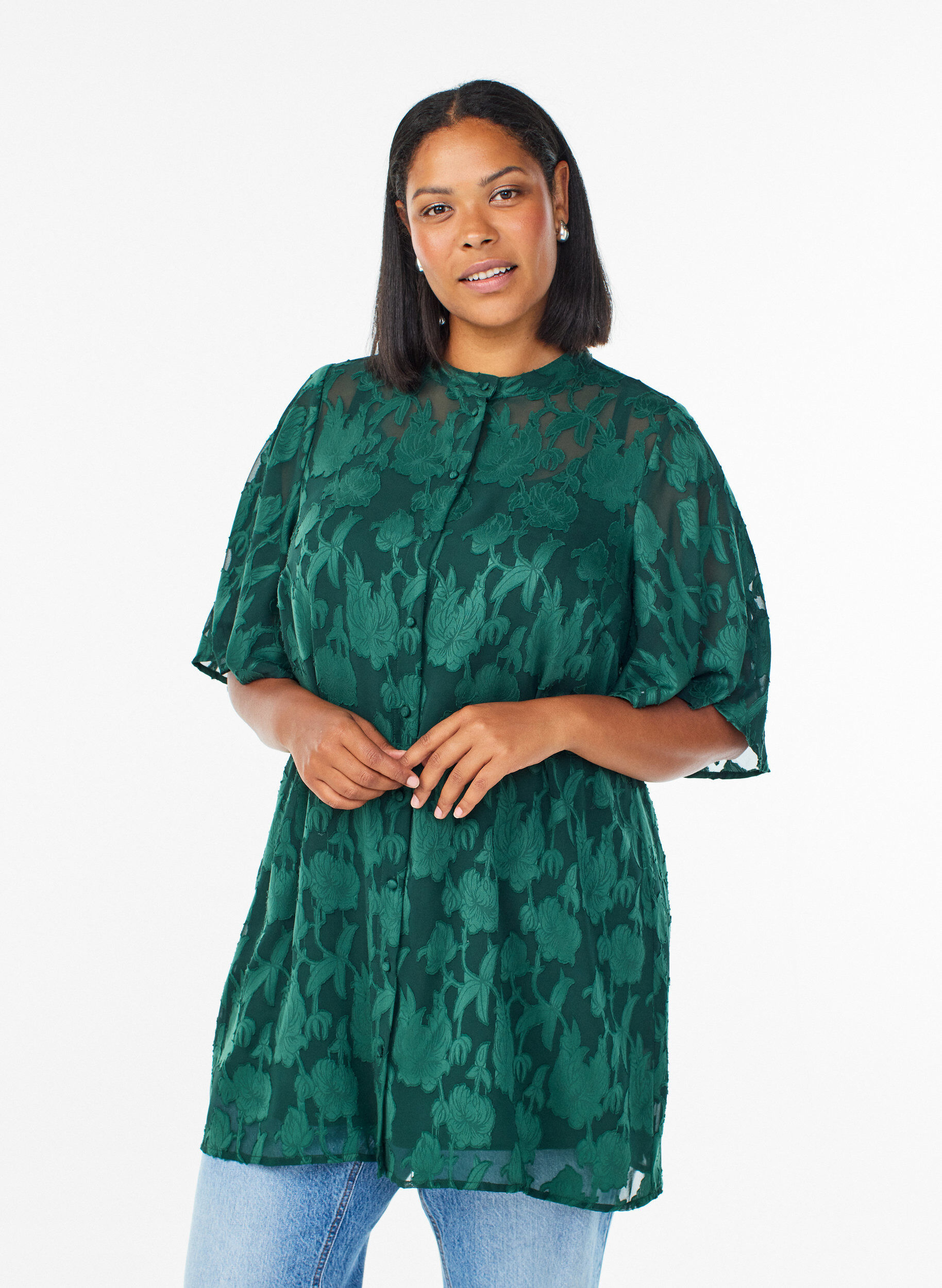 Robe courte coupe &eacute;vas&eacute;e &agrave; motif floral, Vert fonc&eacute;, Model