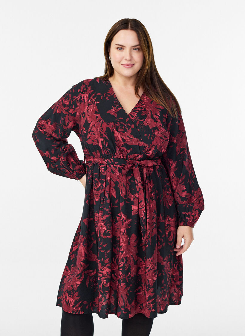 Robe mi-longue avec ceinture à nouer et effet portefeuille, Noir, Model image number 0